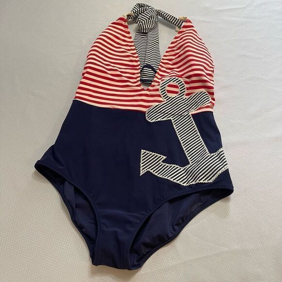 Retro Nanette Lepore One Piece Nautical Sailing Stripped Womens Swimsuit Large - Picture 1 of 7